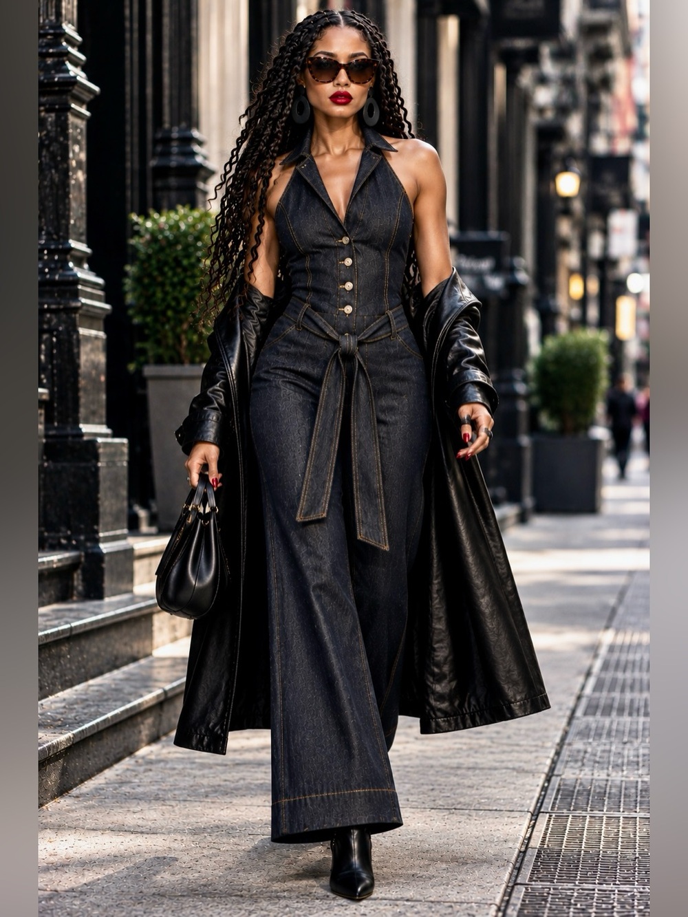Bisou Bisou Y2K Dark Denim Halter Jumpsuit Wide Leg Open Back L - Picture 3 of 13
